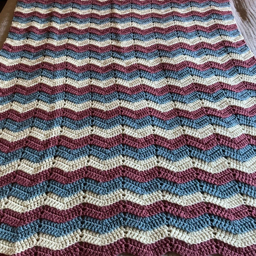 Hand Crocheted Chevron Blanket Cozy Warm‎ Afghan Burgundy Blue Cream